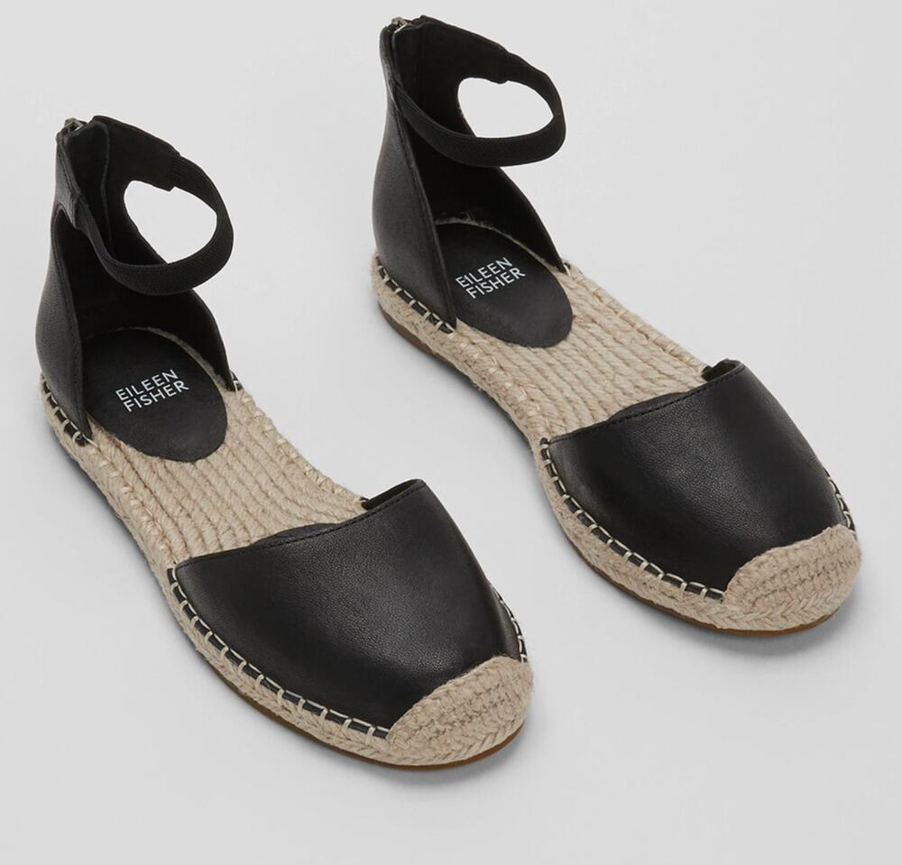 Eileen Fisher Lala Tumbled Leather Espadrille Flats Black 8 Minimalist Capsule